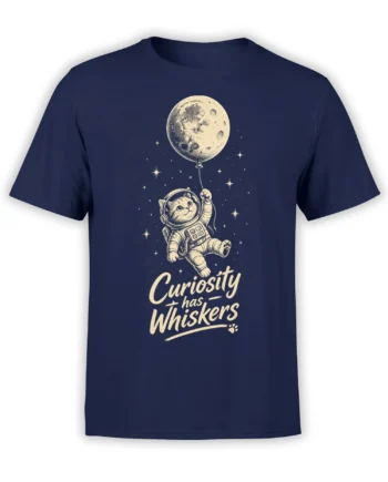 Curious astronaut cat holding a moon-like balloon on a navy cat graphic T-shirt