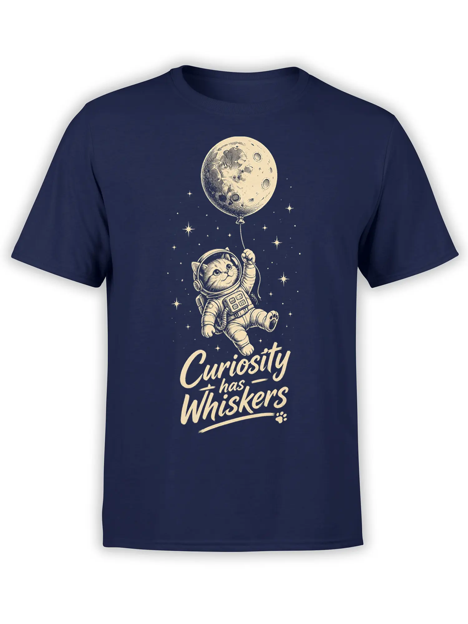Curious astronaut cat holding a moon-like balloon on a navy cat graphic T-shirt