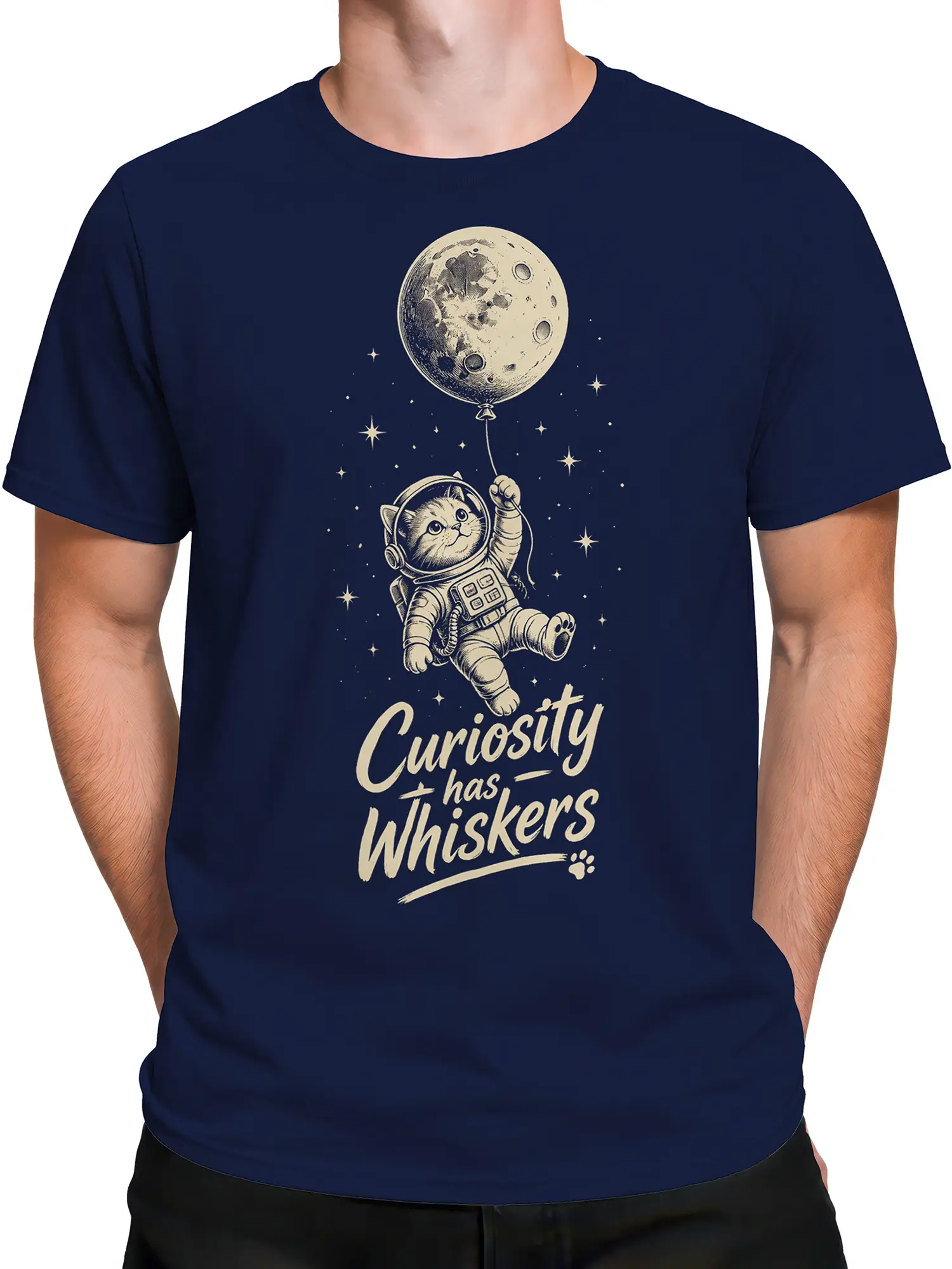 Male torso wearing a navy cat graphic tee with astronaut cat and moon-like balloon design