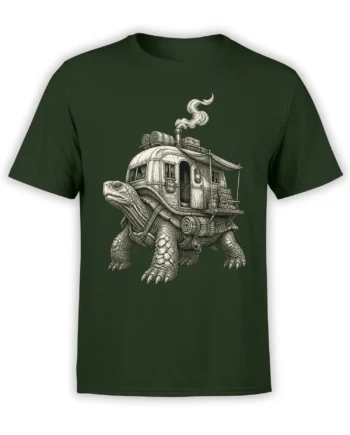 Detailed tortoise carrying a tiny caravan on a dark green graphic T-shirt