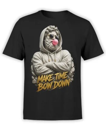 Black T-shirt featuring a marble statue in sunglasses, pink bubblegum, crossed arms, and gold MAKE TIME BOW DOWN text