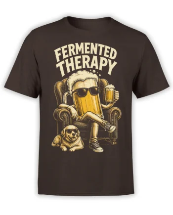 Brown T-shirt with vintage fermented therapy beer graphic, sunglasses, armchair, pint glass, and dog