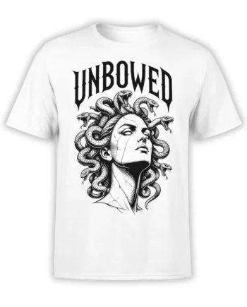 White T-shirt with a black-and-white snake-haired woman design and bold UNBOWED text