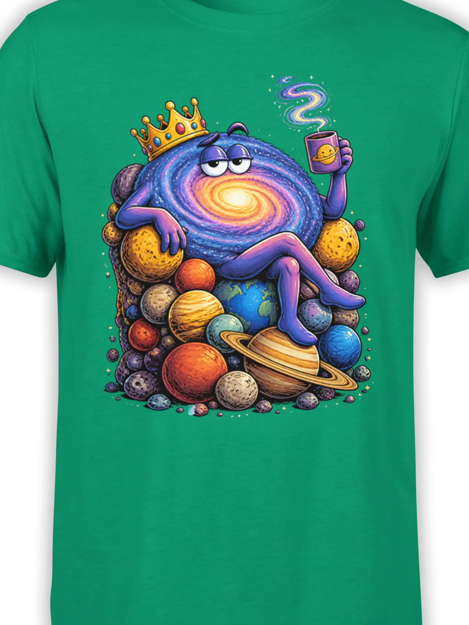 Close-up of crowned cosmic creature, swirling galaxy body, planets, and planet cup on green shirt