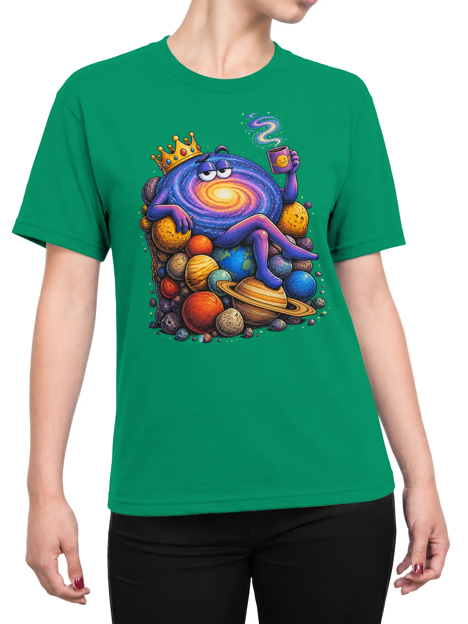Female torso wearing a green galaxy t-shirt with a crowned cosmic creature and colorful planets