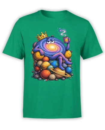 Crowned blue-purple cosmic creature lounging among colorful planets on a green galaxy t-shirt
