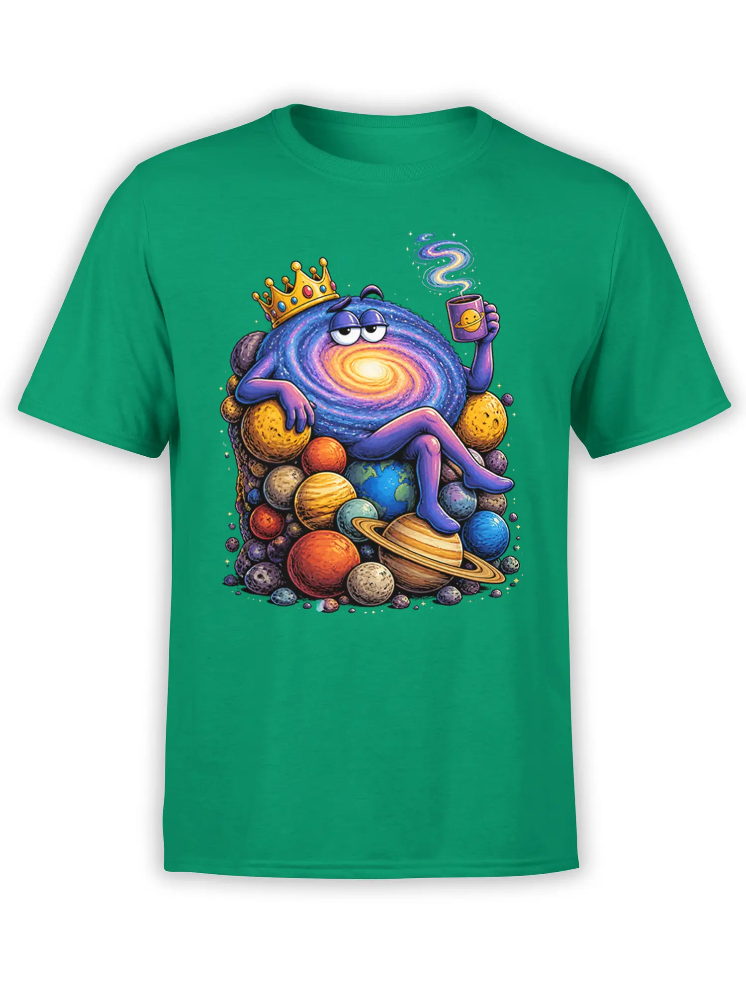 Crowned blue-purple cosmic creature lounging among colorful planets on a green galaxy t-shirt