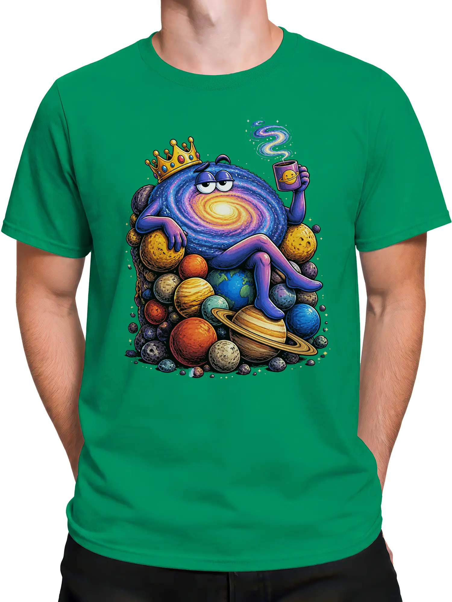 Male torso wearing a green galaxy t-shirt with a crowned cosmic creature and colorful planets