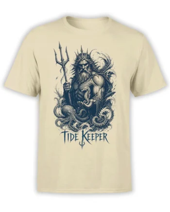 Beige T-shirt featuring a crowned sea god with trident, octopus, seahorse, waves, and Tide Keeper text