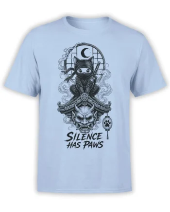Light blue T-shirt with a masked ninja cat, crescent moon, demon face, paw lantern, and Silence Has Paws text