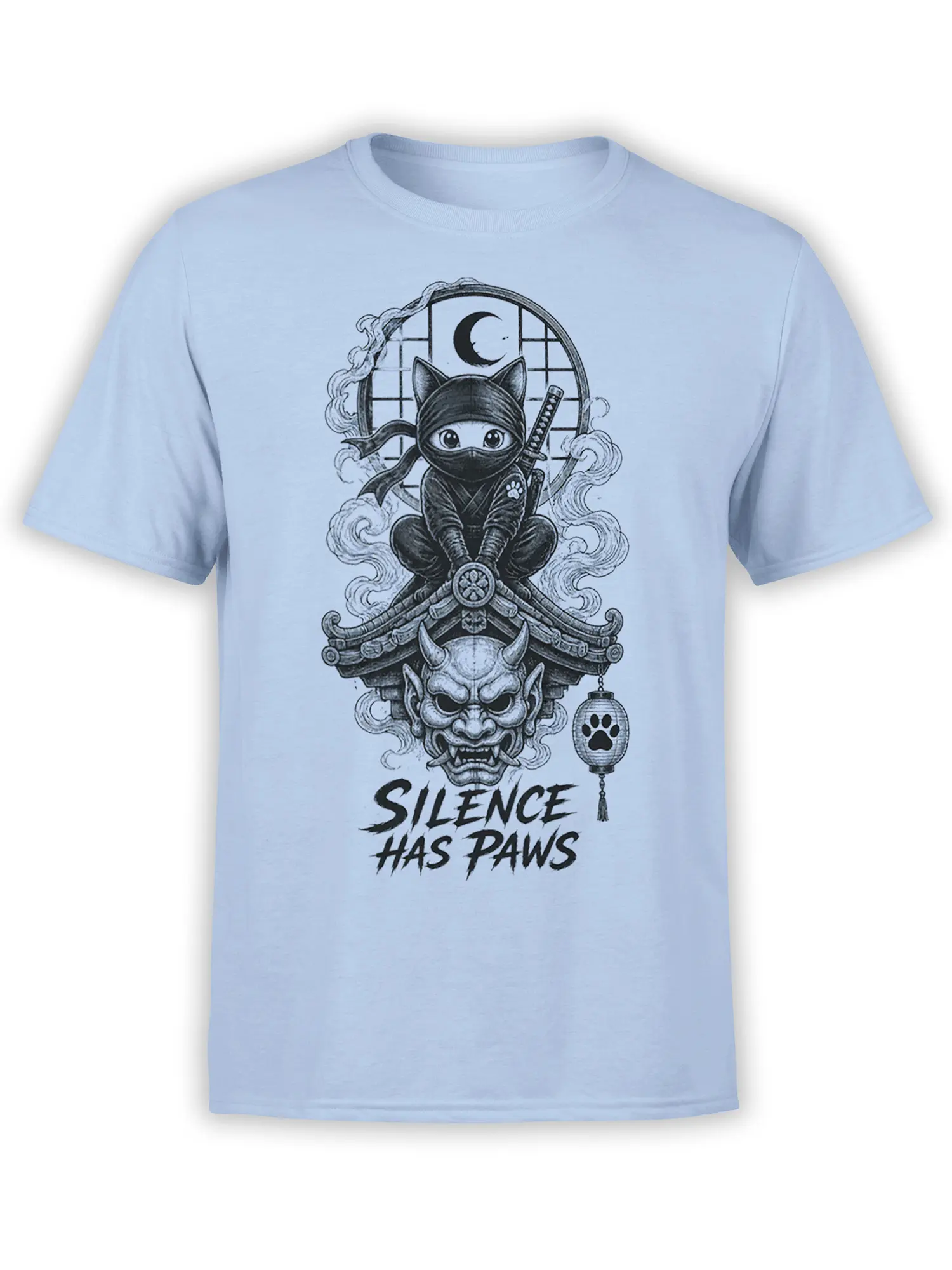 Light blue T-shirt with a masked ninja cat, crescent moon, demon face, paw lantern, and Silence Has Paws text