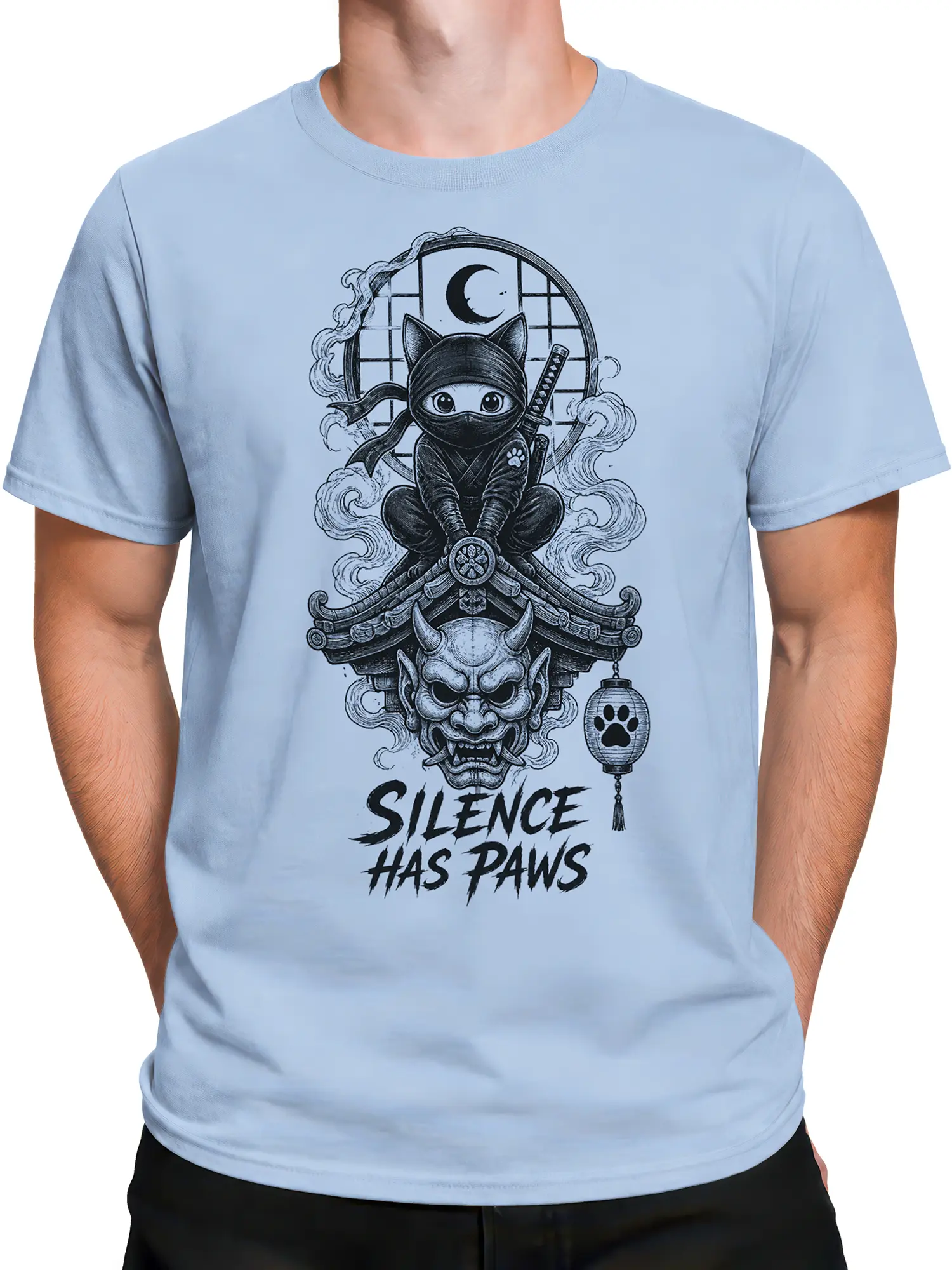Male torso wearing a light blue T-shirt with a mysterious ninja cat graphic and paw lettering