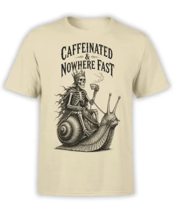 Crowned skeleton riding a snail with coffee on a beige Caffeinated & Nowhere Fast T-shirt