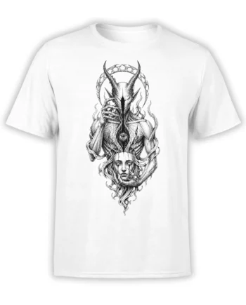 White T-shirt with black-and-white horned oracle artwork, central eye, haunting face, and twisting fantasy forms