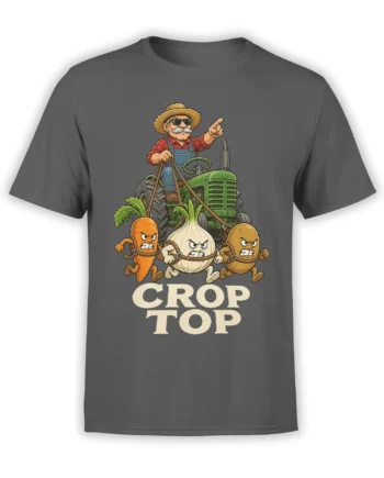 Gray farmer T-shirt with a tractor, angry carrot, onion, potato characters, and CROP TOP text