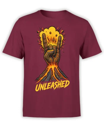 Fiery raised rock hand graphic with “UNLEASHED” text on a burgundy T-shirt