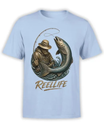 Light blue fisherman T-shirt with a leaping fish, fishing rod, waves, and “REEL LIFE” graphic