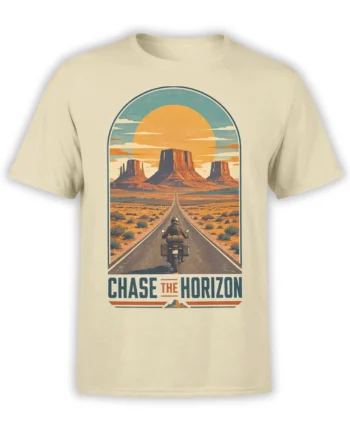 Beige T-shirt with a retro desert highway scene, motorcyclist, mesas, orange sun, and CHASE THE HORIZON text