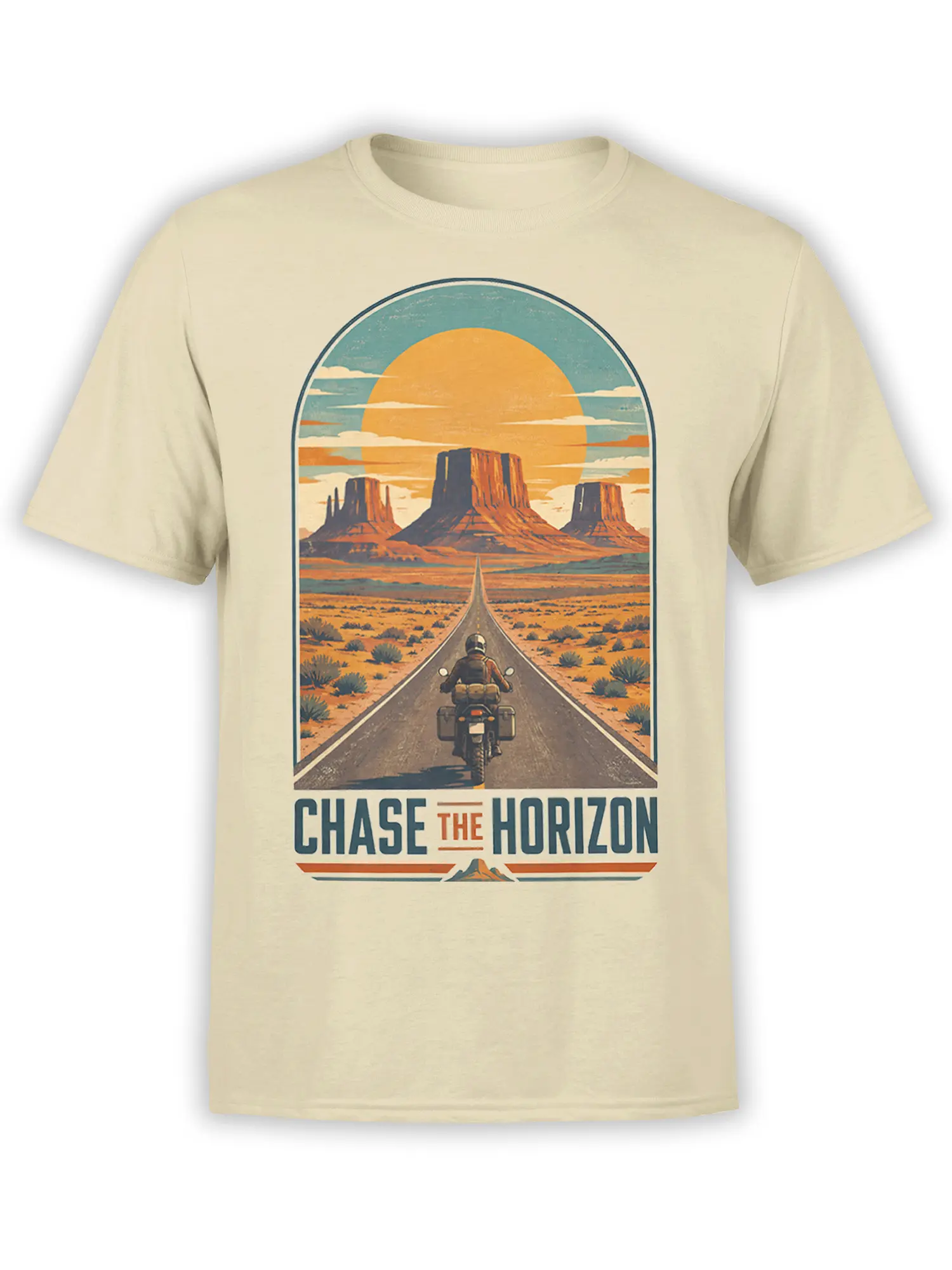 Beige T-shirt with a retro desert highway scene, motorcyclist, mesas, orange sun, and CHASE THE HORIZON text