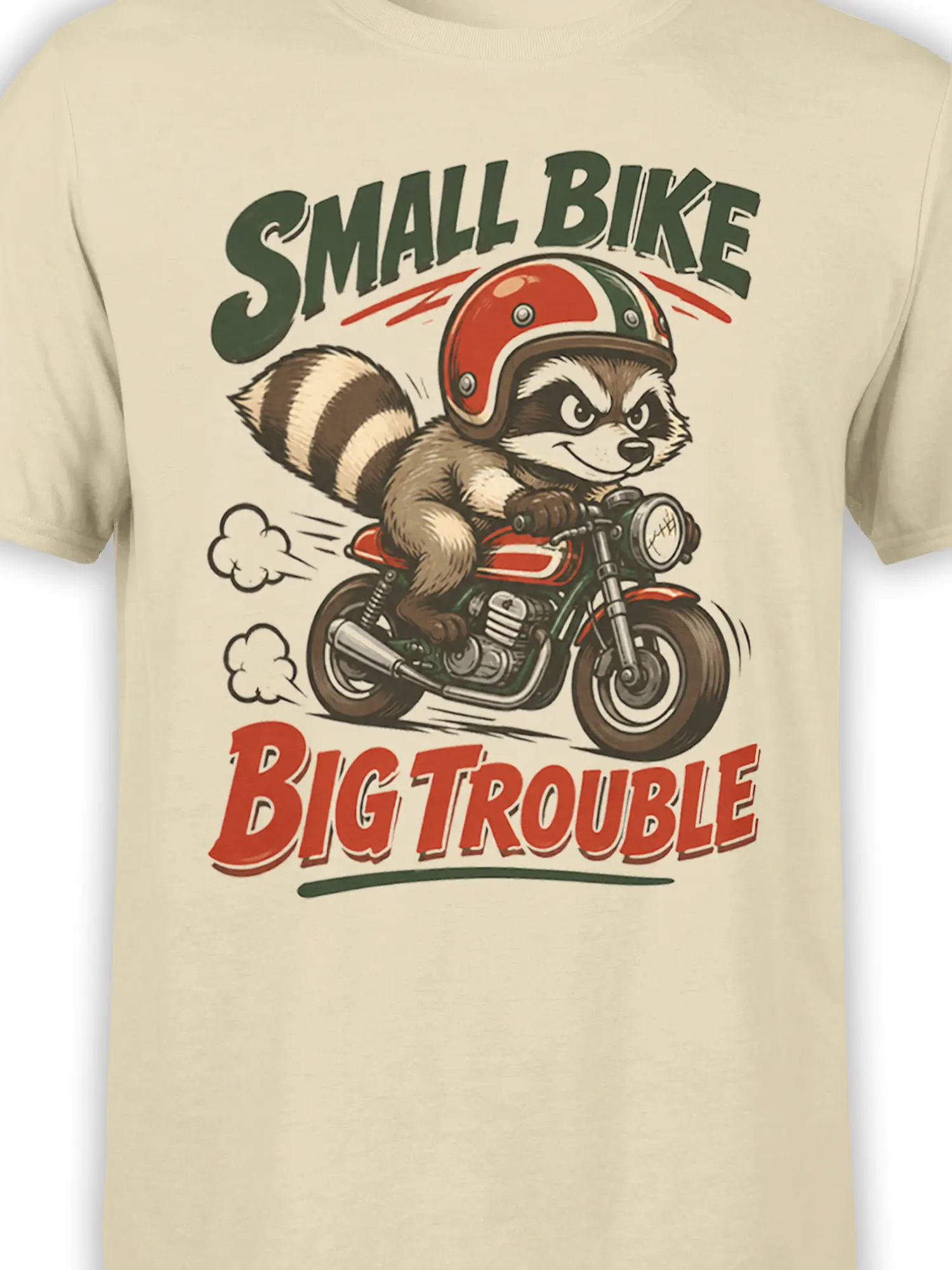 Close-up of a helmeted raccoon on a vintage motorcycle with bold lettering across a beige T-shirt