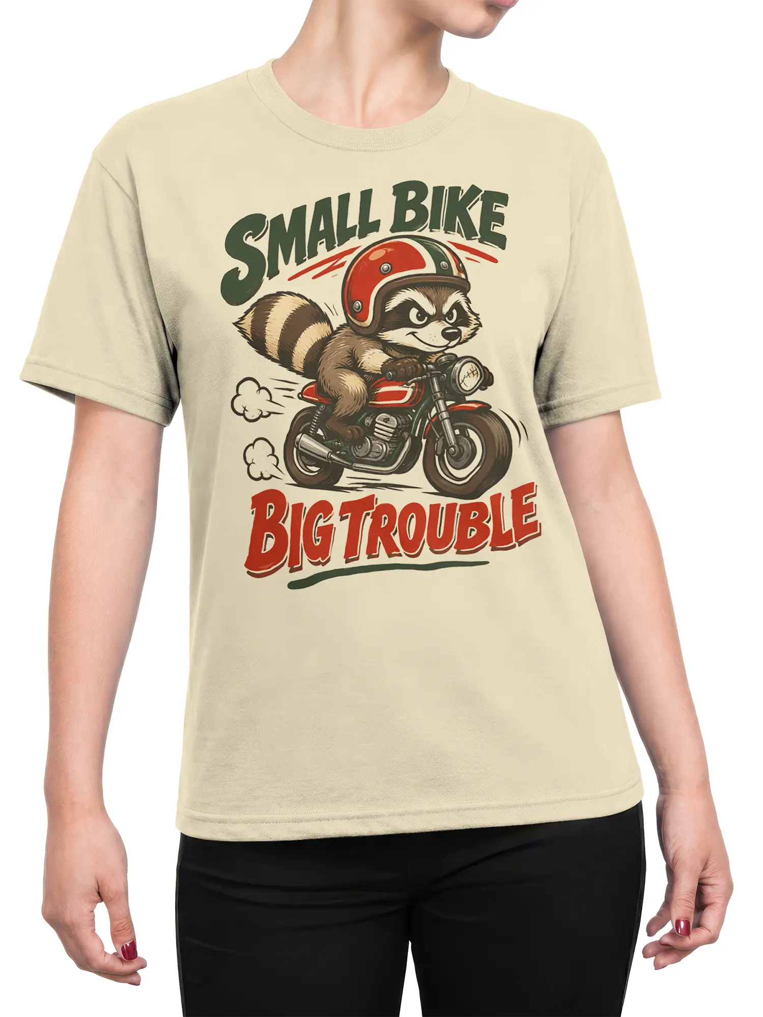 Female torso wearing a beige T-shirt with a helmeted raccoon motorcycle graphic and bold red and green lettering