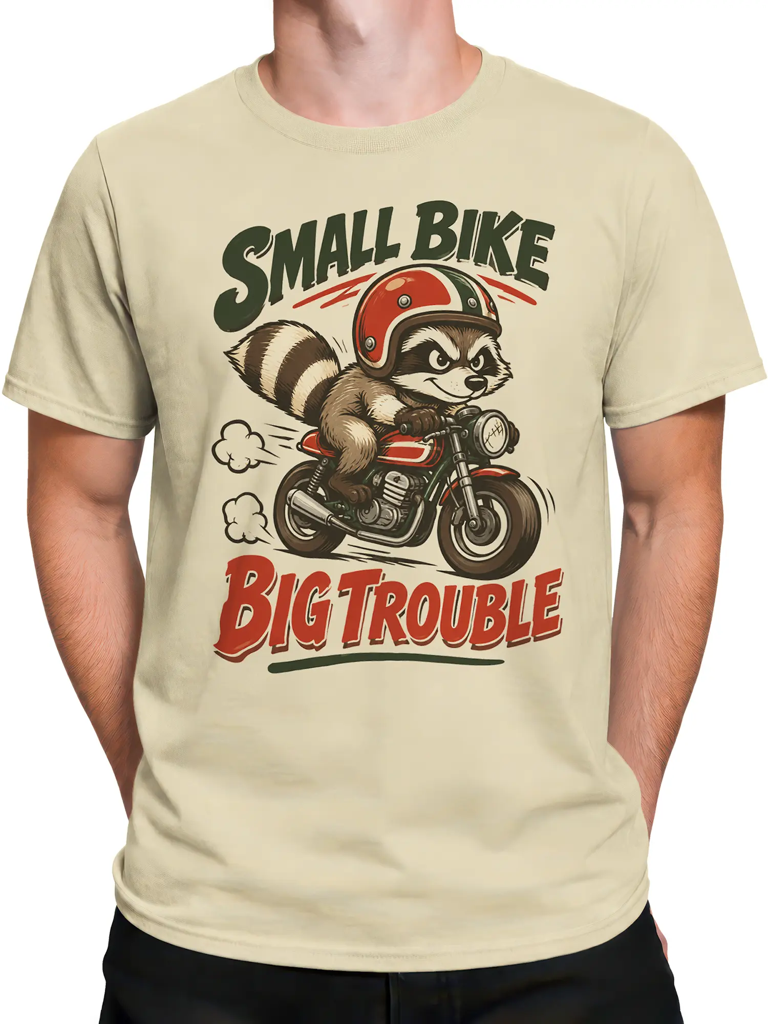 Male torso wearing a beige T-shirt with a helmeted raccoon riding a vintage motorcycle