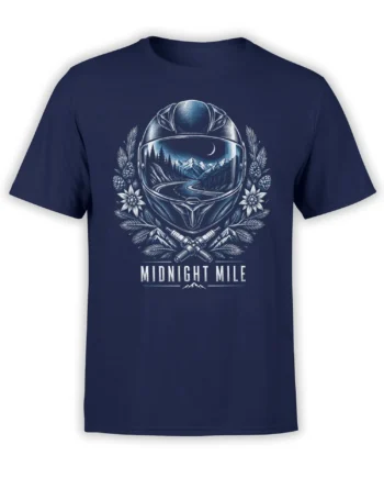 Navy motorcycle T-shirt with a helmet framing a moonlit mountain road and MIDNIGHT MILE lettering