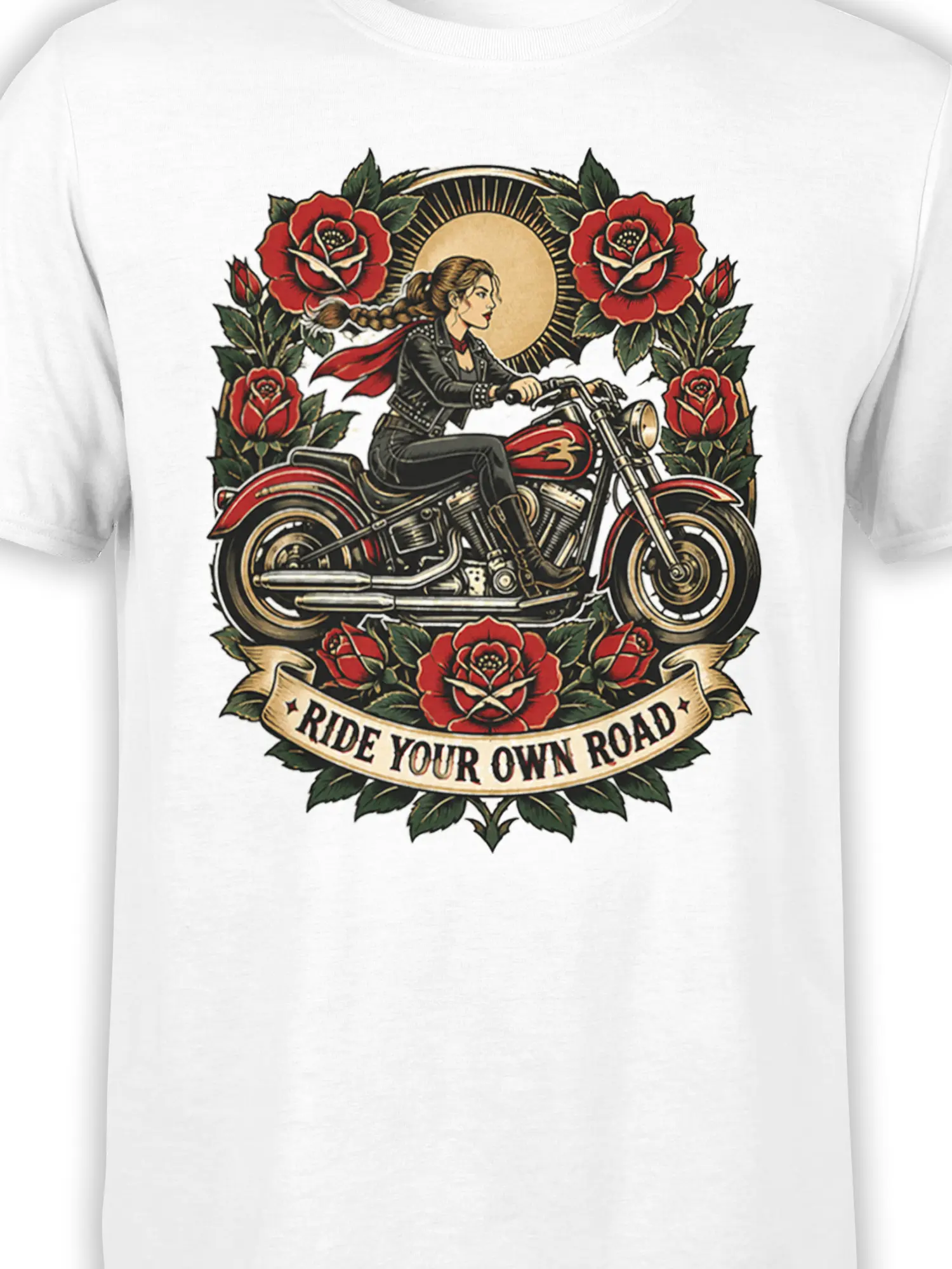 Close-up of the white motorcycle T-shirt print with a woman rider, red roses, golden sun, and road banner