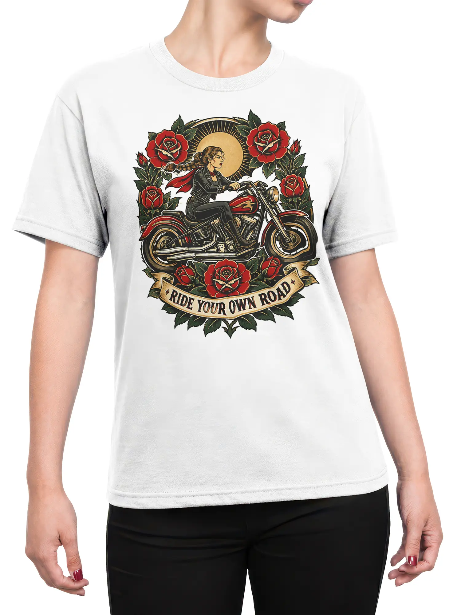 Female torso wearing a white motorcycle T-shirt with a woman rider, red roses, golden sun, and road slogan
