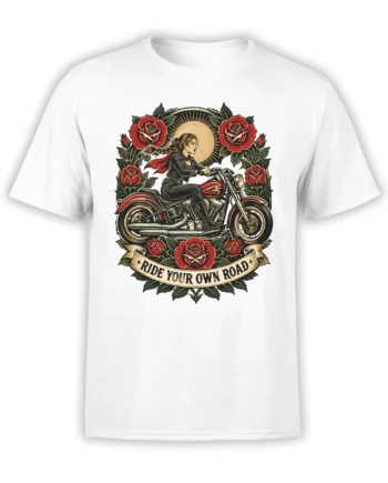 White T-shirt with a vintage woman motorcycle rider, red roses, golden sun, and road slogan