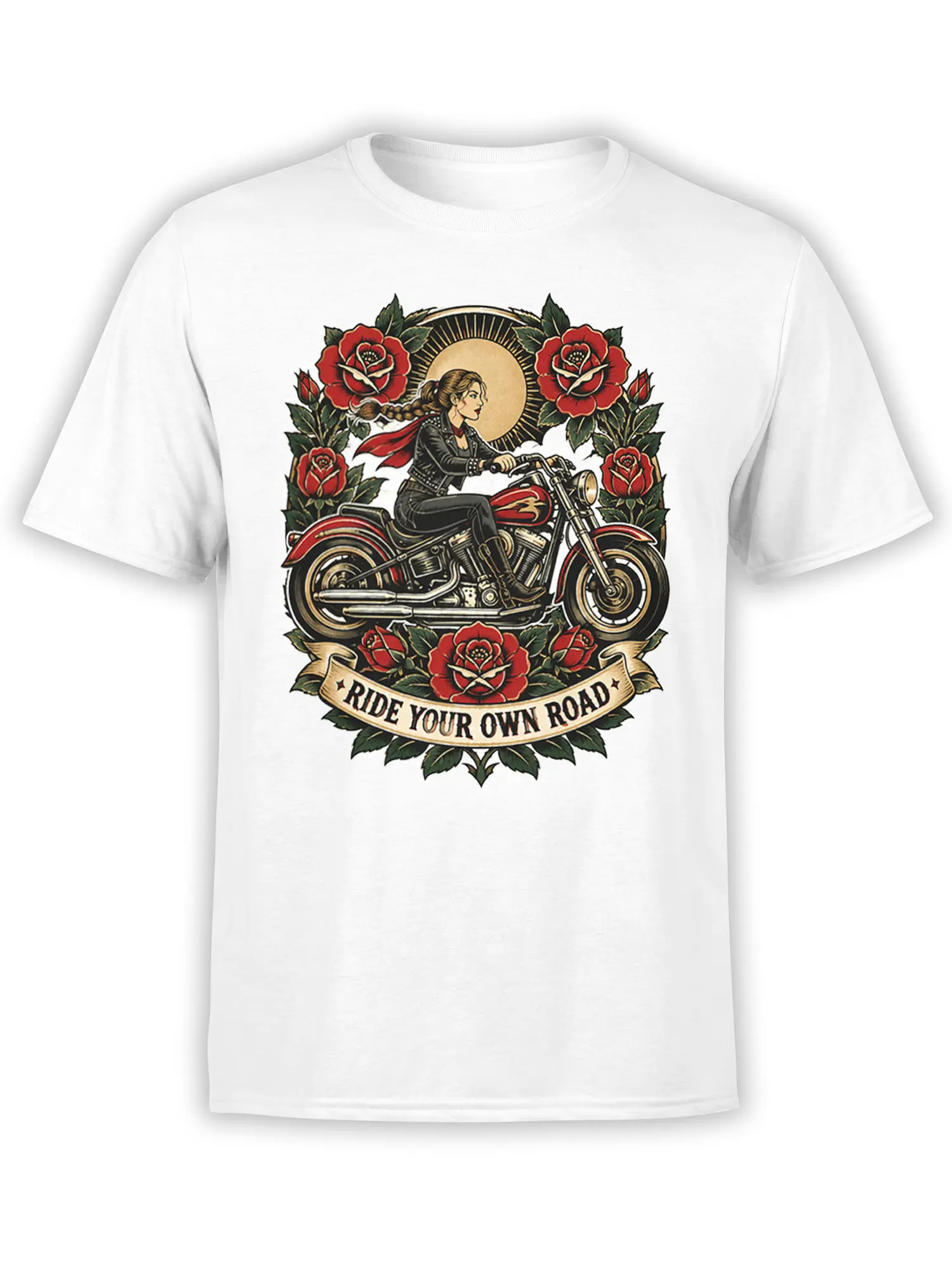 White T-shirt with a vintage woman motorcycle rider, red roses, golden sun, and road slogan