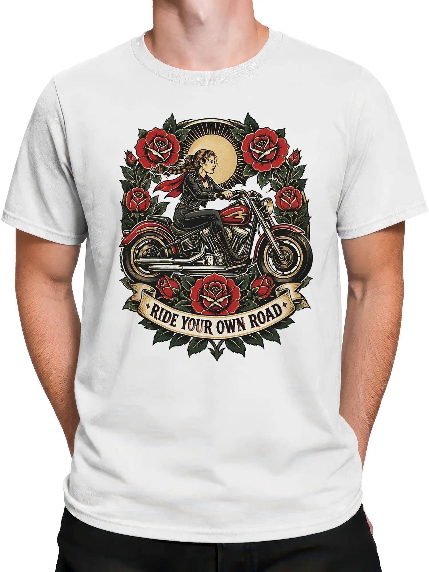 Male torso wearing a white motorcycle T-shirt with a woman rider, red roses, golden sun, and road slogan