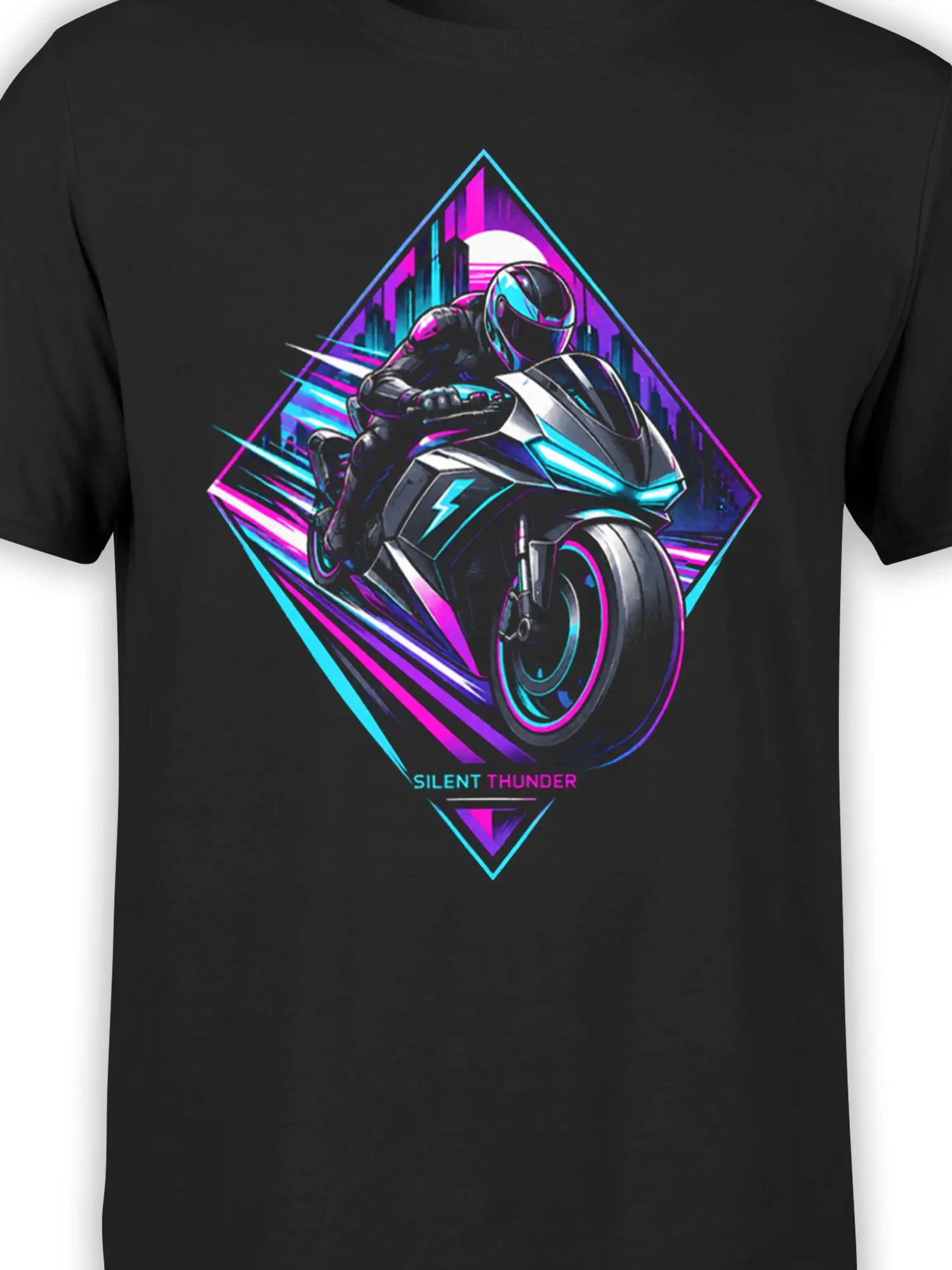 Close-up of black T-shirt graphic showing a helmeted motorcyclist, neon motorcycle, city lights, and Silent Thunder