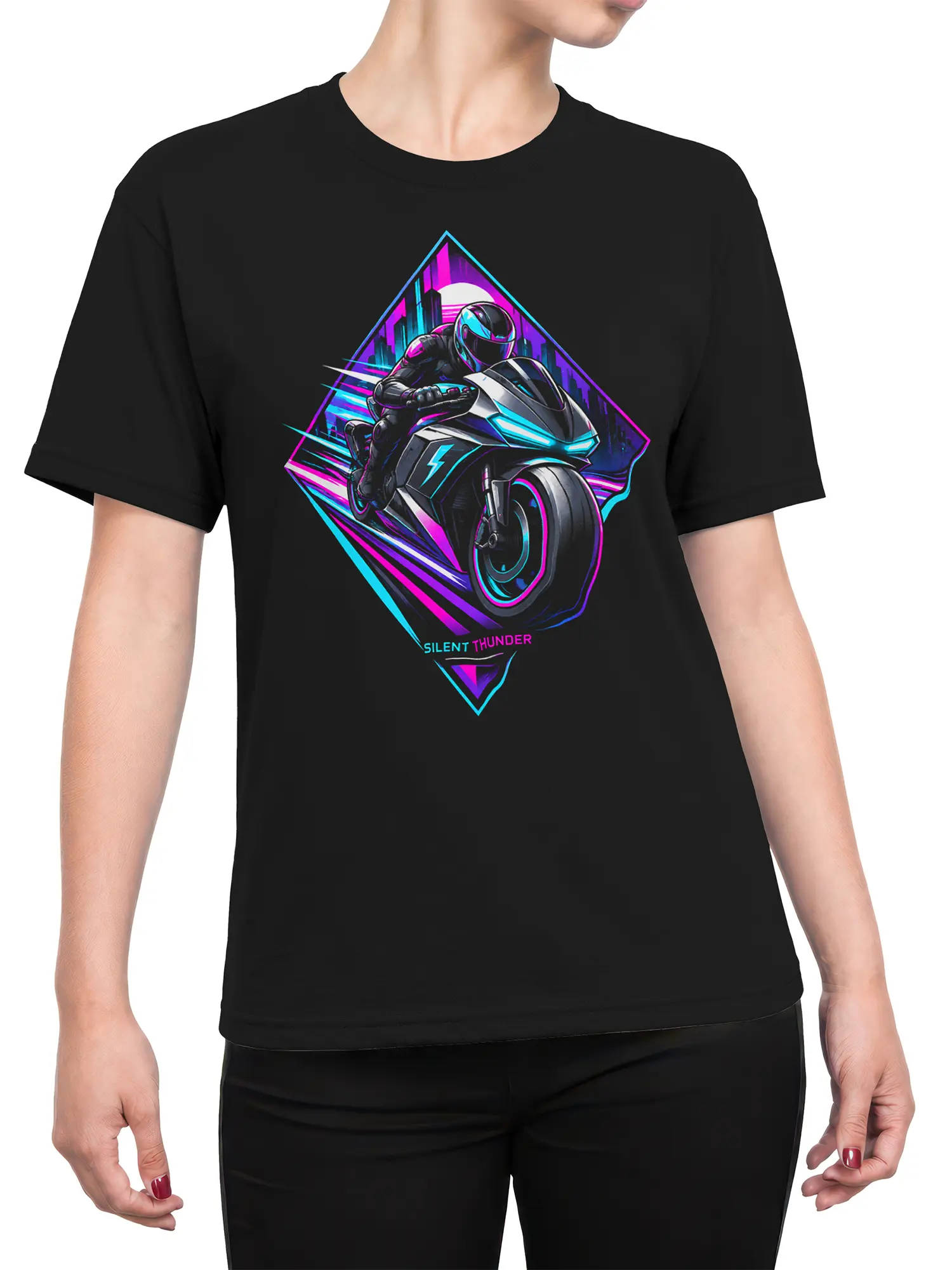 Female torso wearing a black motorcycle T-shirt with a neon rider, futuristic bike, and Silent Thunder graphic