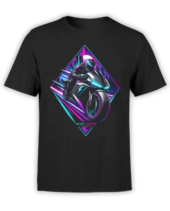 Black motorcycle T-shirt with helmeted futuristic rider, neon city scene, and Silent Thunder graphic