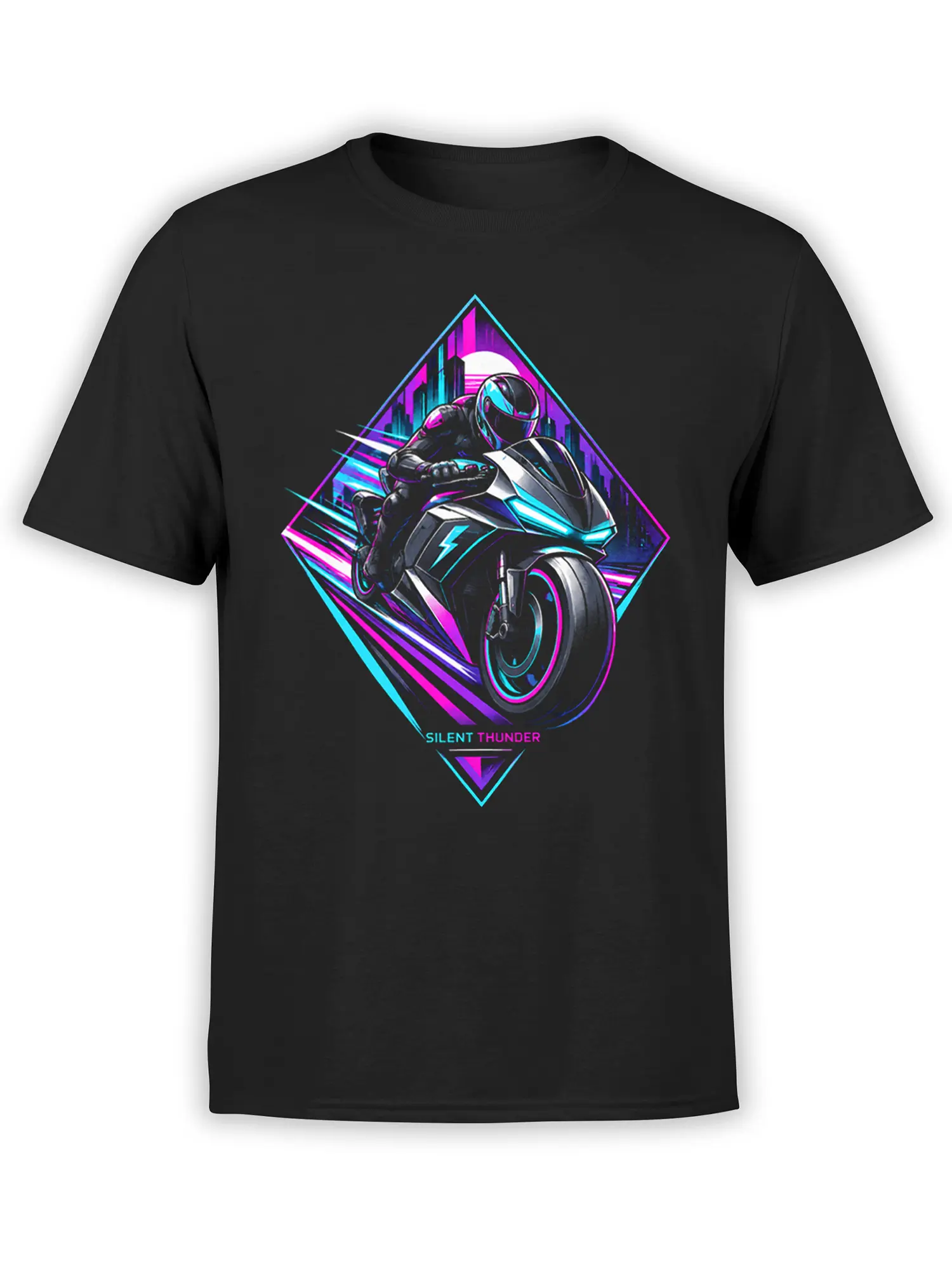 Black motorcycle T-shirt with helmeted futuristic rider, neon city scene, and Silent Thunder graphic