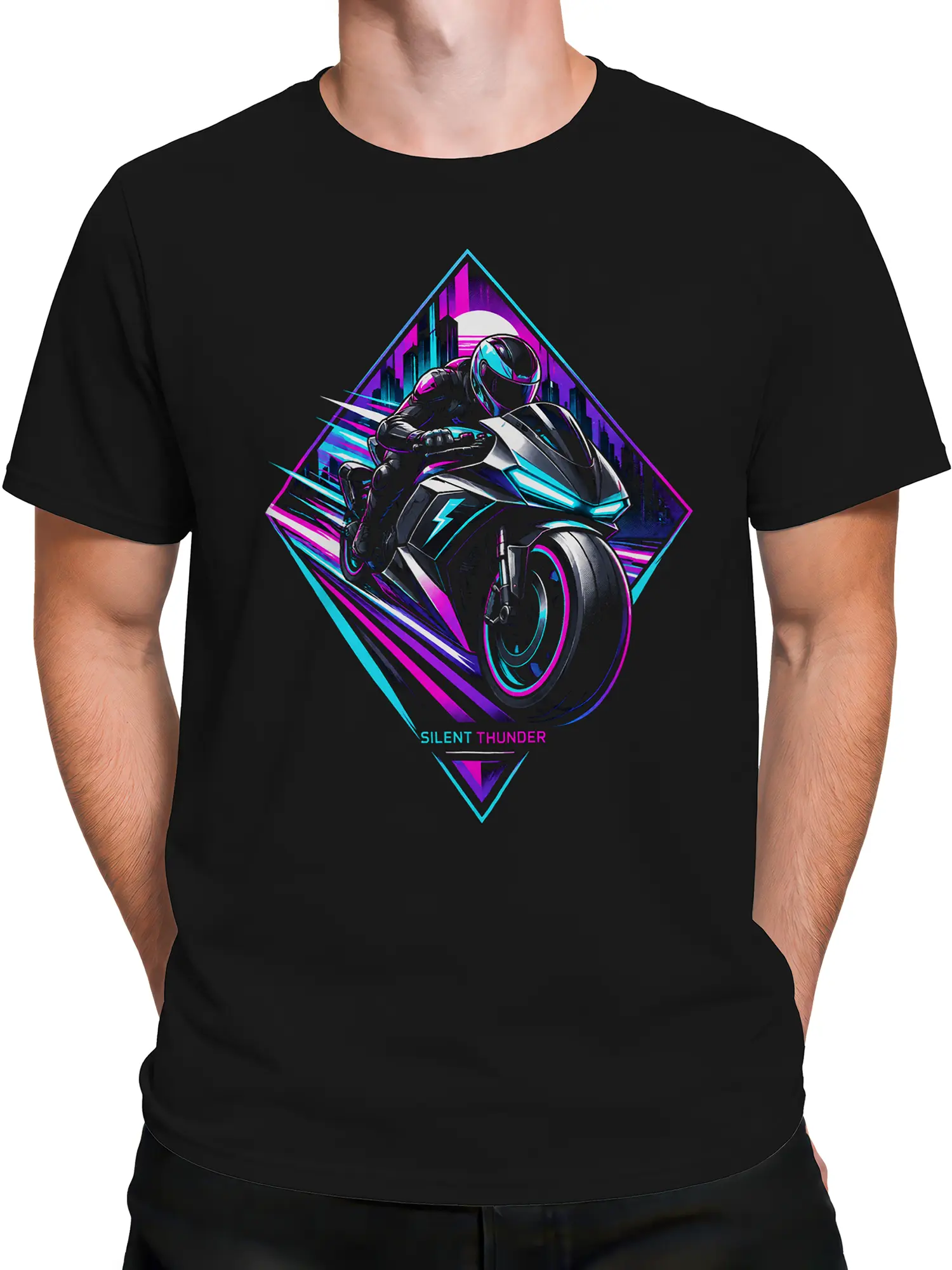 Male torso wearing a black motorcycle T-shirt with a helmeted rider and bright neon city graphic
