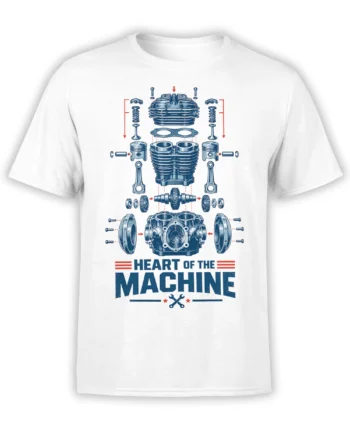 White engine T-shirt with a vintage exploded machine diagram, pistons, gears, red arrows, and Heart of the Machine text
