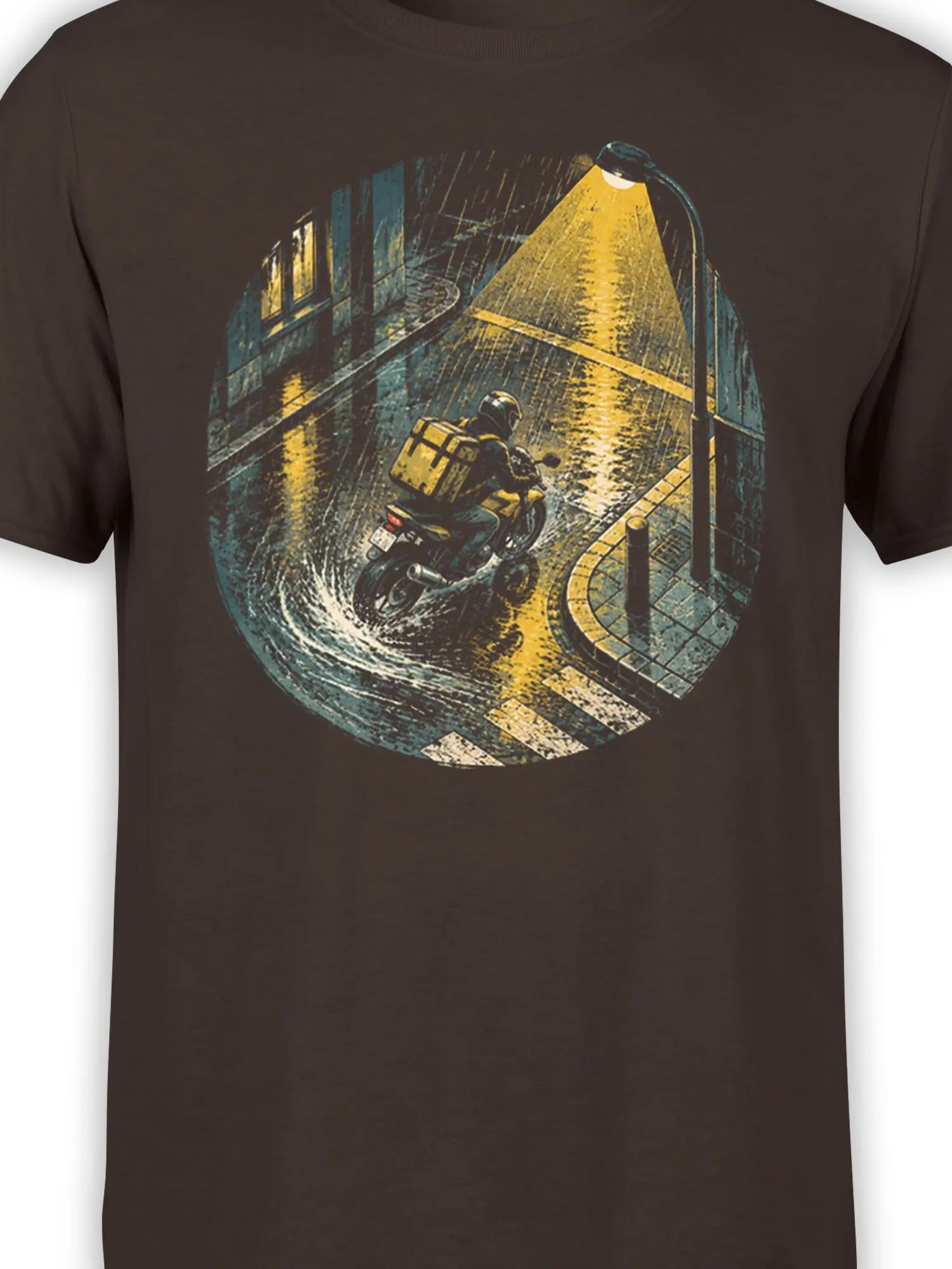 Close-up of a dark brown T-shirt graphic showing a delivery rider on a motorcycle beneath a streetlamp