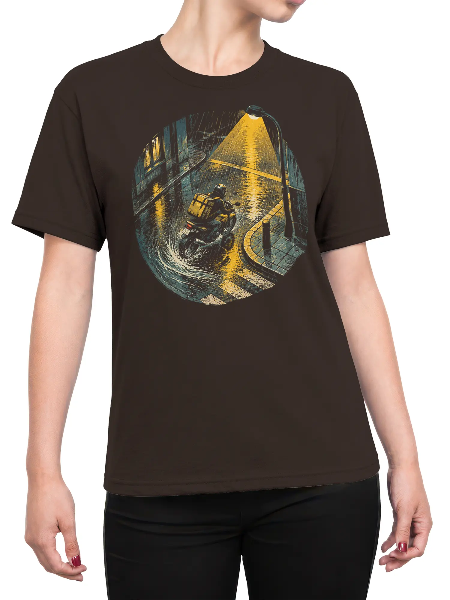 Female torso wearing a dark brown T-shirt with a rainy city motorcycle delivery rider graphic