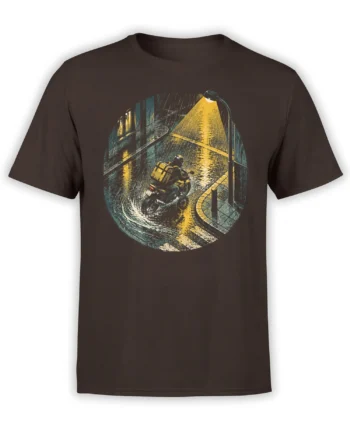 Dark brown T-shirt with a rainy night motorcycle delivery rider, streetlamp, and wet city street graphic
