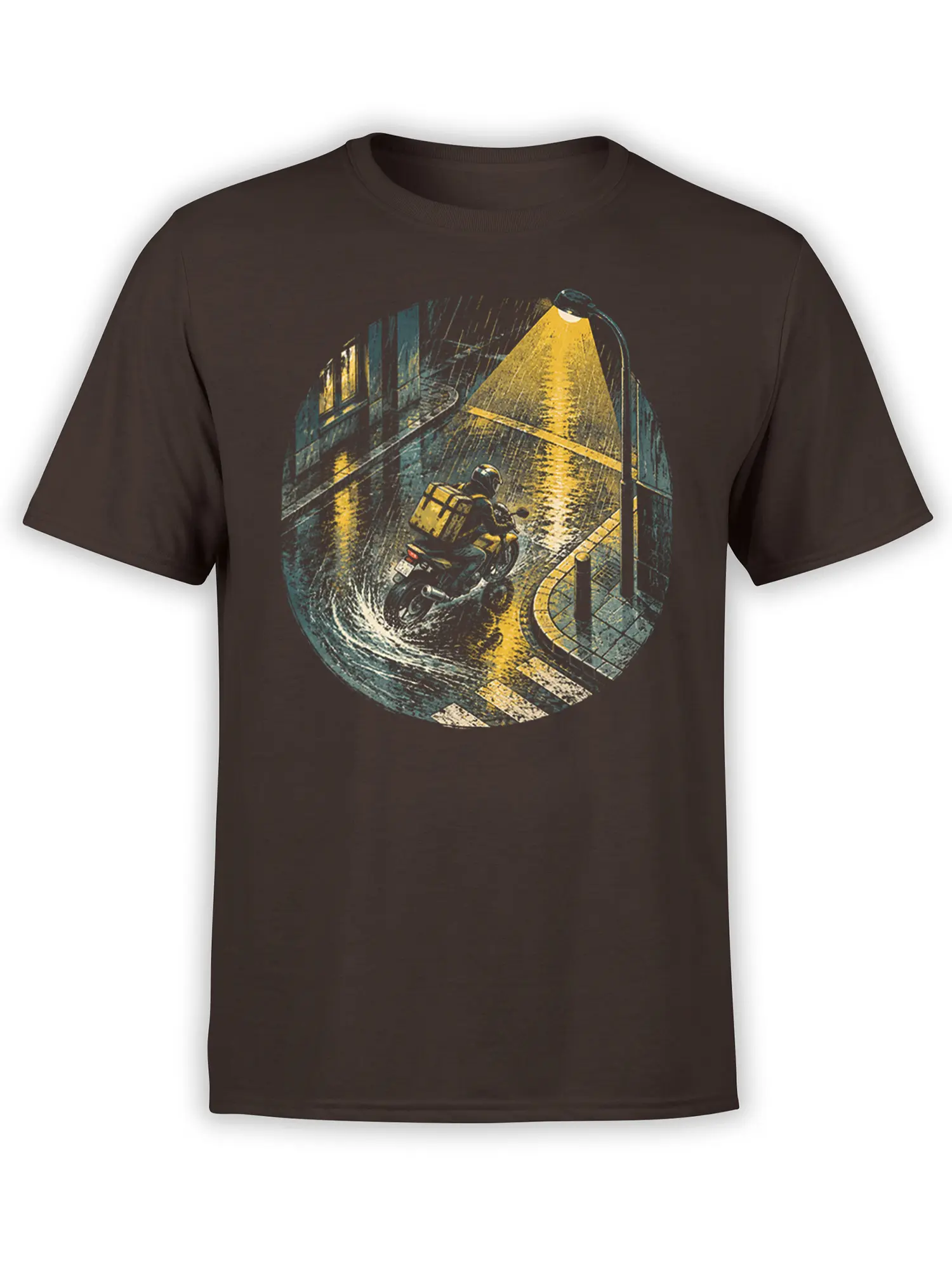 Dark brown T-shirt with a rainy night motorcycle delivery rider, streetlamp, and wet city street graphic