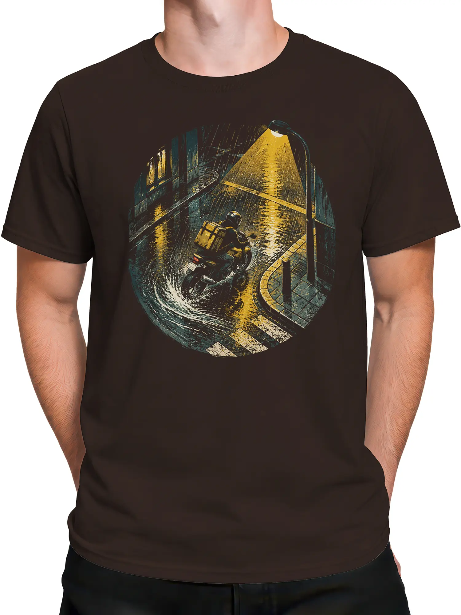 Male torso wearing a dark brown T-shirt with a rainy night motorcycle delivery rider graphic