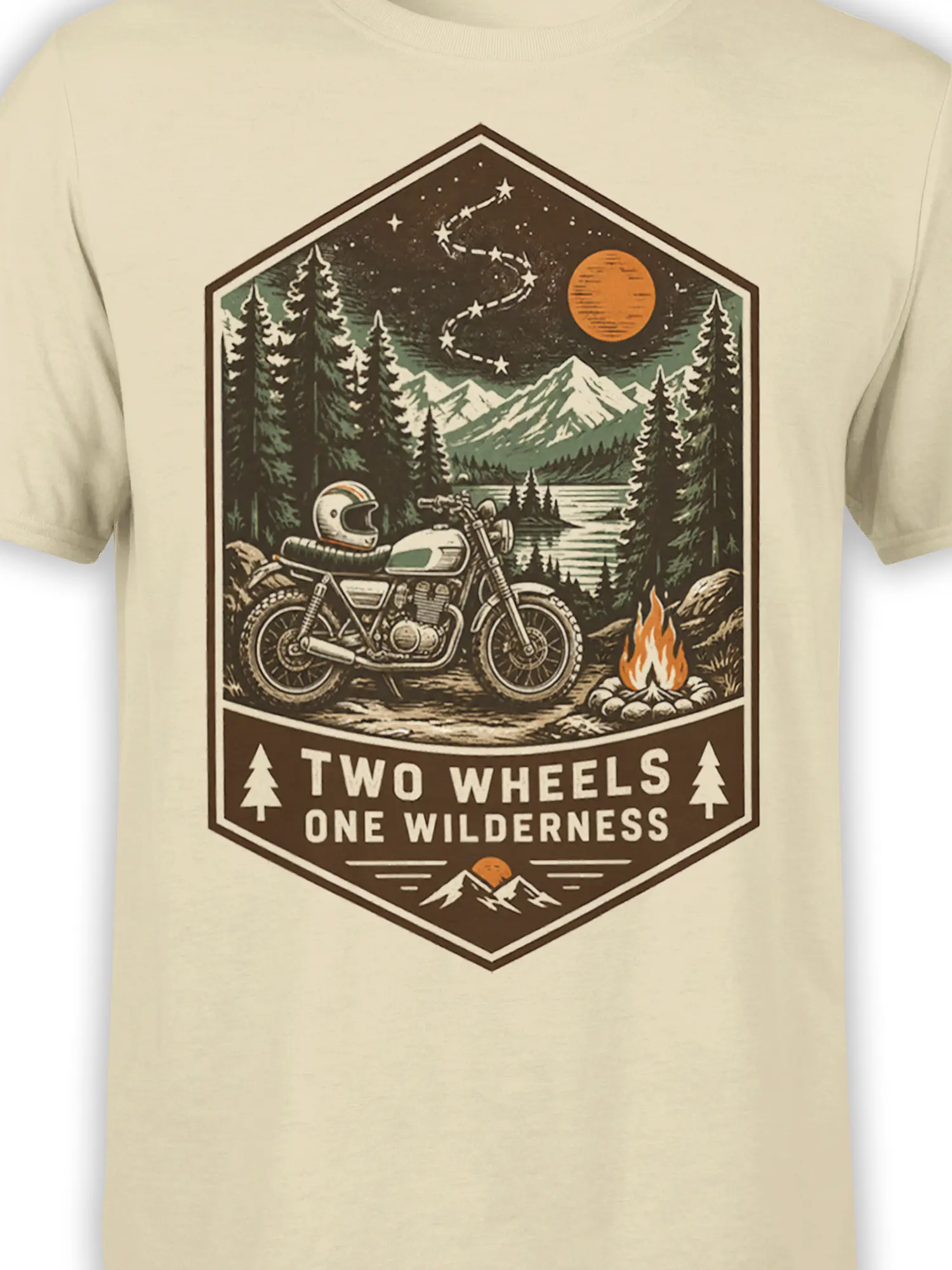 Close-up of the beige motorcycle T-shirt graphic showing the bike, campfire, pine forest, lake, and mountains