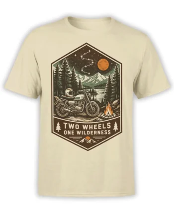 Beige motorcycle adventure T-shirt with a vintage wilderness scene, campfire, mountains, lake, and night sky