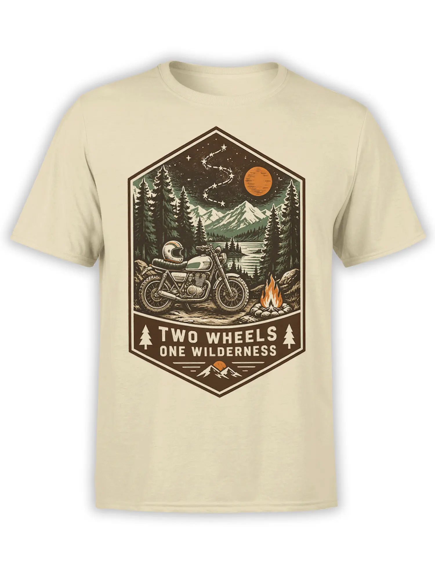 Beige motorcycle adventure T-shirt with a vintage wilderness scene, campfire, mountains, lake, and night sky