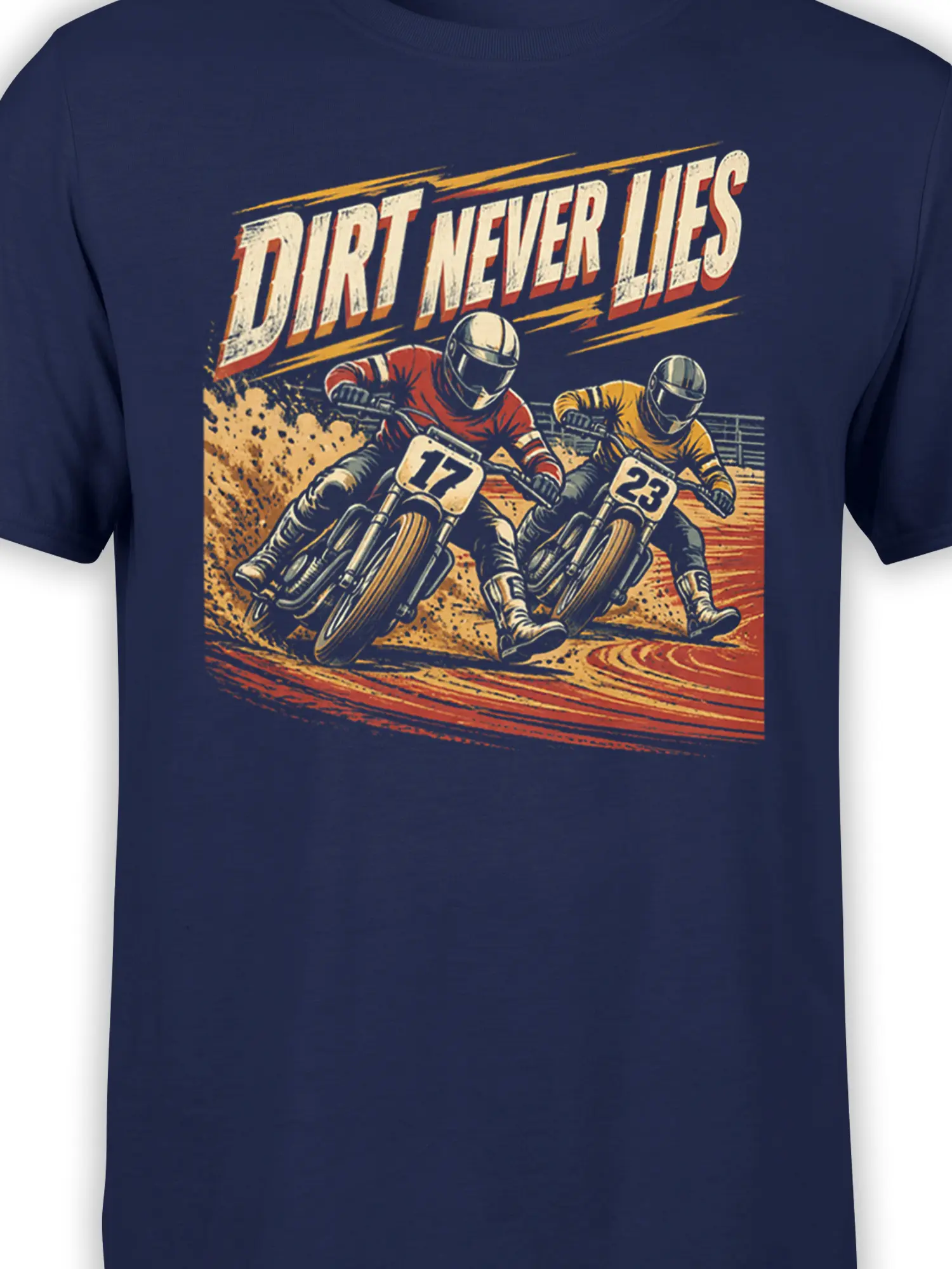 Close-up of the navy motocross graphic with helmeted riders, dirt bikes, numbers 17 and 23, and bold lettering