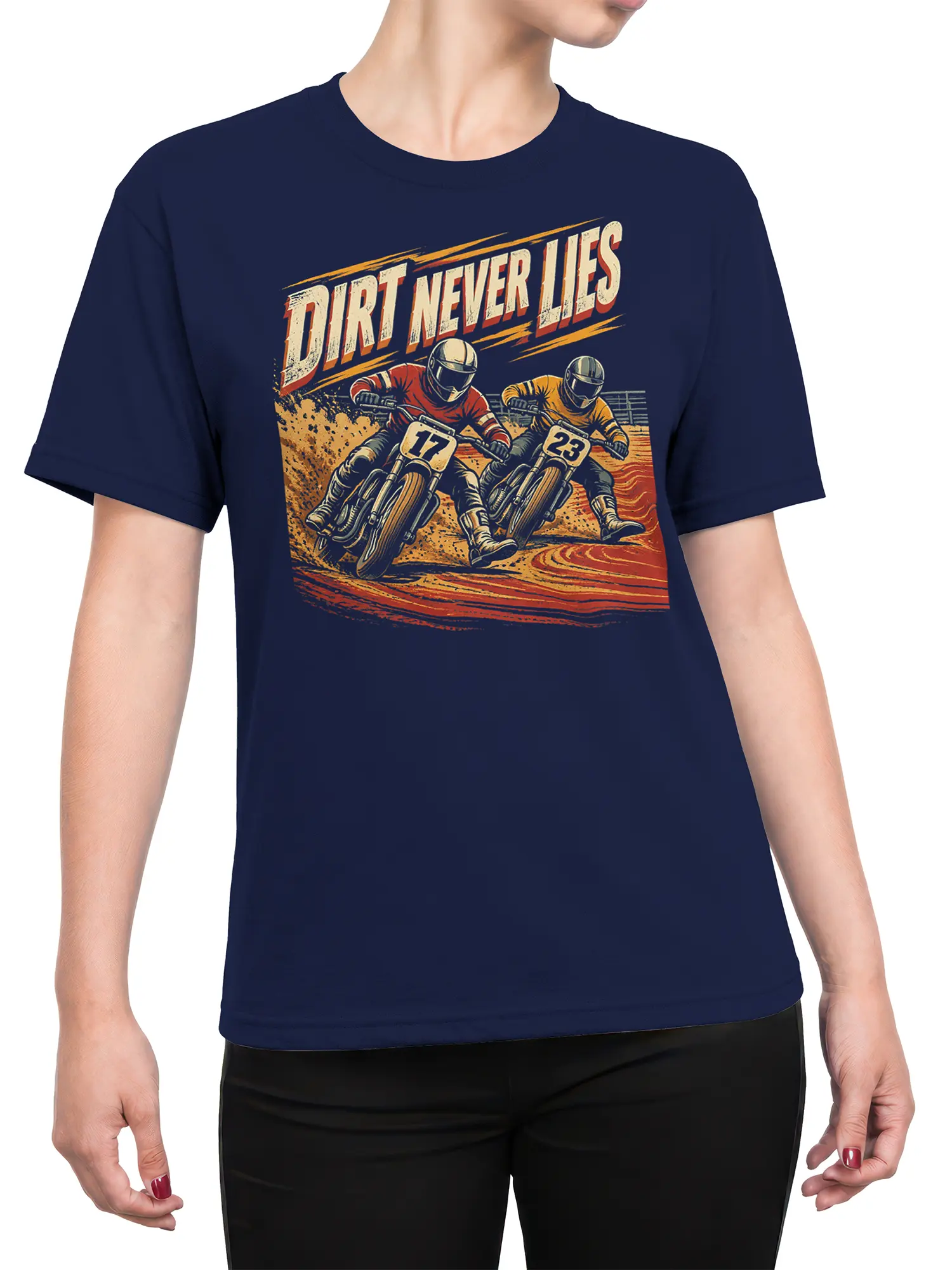Female torso wearing a navy motocross T-shirt with two dirt bike racers and Dirt Never Lies artwork