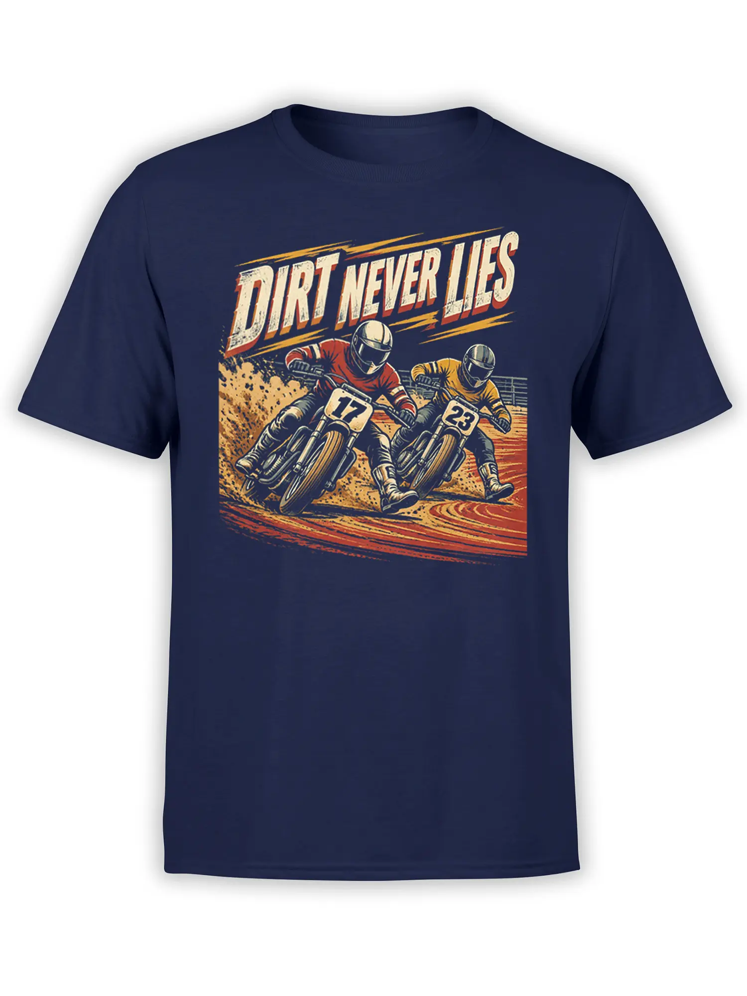Navy motocross T-shirt with two helmeted dirt bike riders and Dirt Never Lies graphic