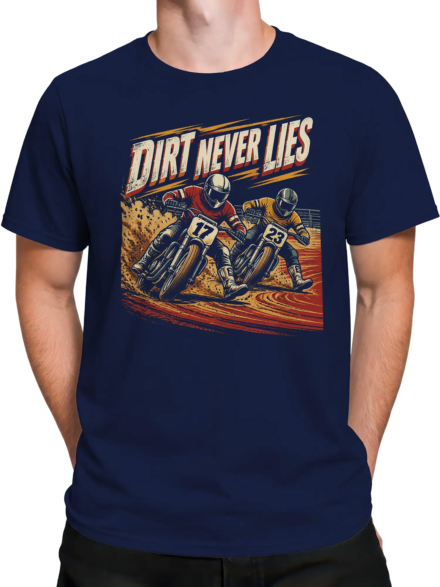 Male torso wearing a navy motocross T-shirt with two helmeted dirt bike racers and bold lettering